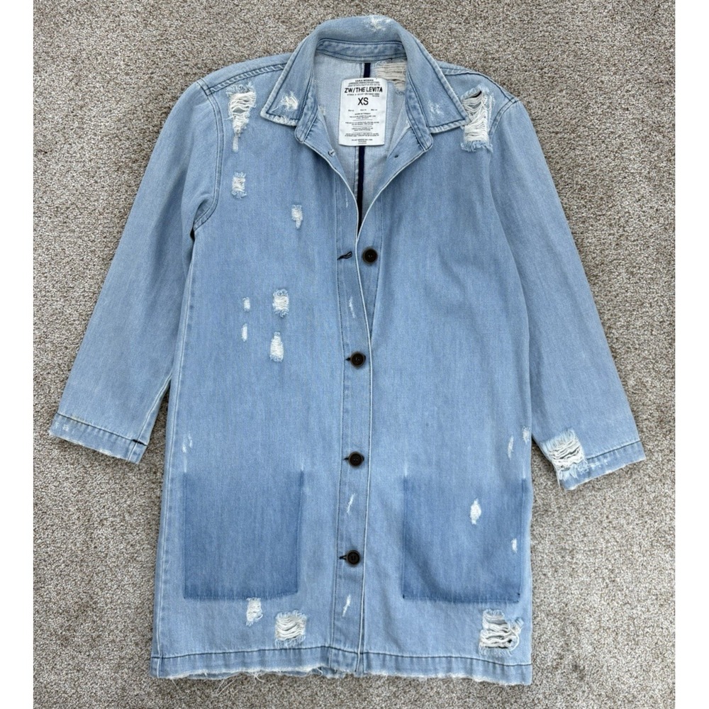 Zara ZW The Levitha Denim Coat Womens XS Light Wash Destroyed Denim Chore Duster